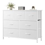 OLIXIS 7 Drawer Closet Organizer Chest, Fabric Storage Tower with Sturdy Steel Frame, Wooden Top & Easy Pull Fabric Bins, Dresser for Bedroom Living Room Entryway Clothes Organization, White