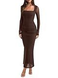 REORIA Long Sleeve Wedding Guest Maxi Dresses for Women Sheer Mesh Square Neck Ruched Bodycon Long Dress 2026 Spring Outfits Shaved Chocolate Medium