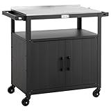 Feasto Outdoor Grill Cart with Stainless Steel Tabletop and Storage Cabinet, Movable Kitchen Island with Wheels for BBQ Food Prep, Black