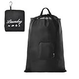 Travel Laundry Bag, JHX Foldable Dirty Clothes Bags 【Upgraded】 with Fixed Drawstring Net, Handles and Carabiner, Portable Laundry Bags for Travel, Fitness, and Students (Deep-black) 30"H x 21"W