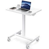 DUMOS Small Standing Desk Mobile Portable Rolling Laptop PC Table on Wheels Adjustable Height Computer Workstation for Home Office, 19 Inch, Modern White