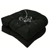 TESICA Set of 2 Outdoor Indoor Black Tufted Seat Cushion with Ties 18"x18" Waterproof Patio Chair Pads Tatami Floor Pillow for Dining Garden Balcony Office Decor