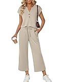 LILLUSORY Two Piece Lounge Sets for Women Spring Vacation Beach Travel Airport Outfits Casual Cruise Fashion 2026 Khaki M