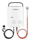CAMPLUX 5L Portable Tankless Water Heater, 1.32 GPM Outdoor Propane Shower for Camping, RV, Off-Grid, Instant Hot Water with Folding Handle, Overheat Protection, Low Pressure Startup, AY132, White