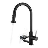 Kitchen Faucet with Glass Rinser, Pull Down Sink Faucet with 3 Spray Modes and High Pressure Glass Rinser, Single Hole 2 in 1 High Arc Stainless Steel Kitchen Faucets (Matte Black)