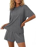 Ekouaer Pajama for Women 2 piece Short Sleeve Matching Lounge sets Grey
