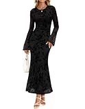 ZESICA Women's Long Sleeve Floral Ruched Bodycon Maxi Dress 2026 Spring Fall Mesh Wedding Guest Cocktail Party Formal Dresses, Black, L