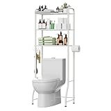 Simple Trending Over The Toilet Storage Rack, Metal 3 Tier Bathroom Organizer Shelf with Paper Holder and 3 Hooks, Freestanding Shelf Space Saver Above Toilet, White