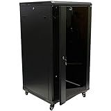 NavePoint 22U Server Cabinet Wall Mount Rack Enclosure with Caster Wheels, 2 Fans, Locking Glass Door, Removable Side Panels – 22U Network Cabinet 23.6” Deep, 19” Server Rack for A/V Equipment