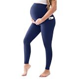 Walifrey Women's Maternity Leggings with Pockets Over The Belly,Pregnancy Yoga Pants Activewear Workout Leggings Navy Blue M