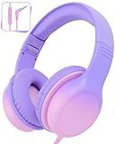 Aechorhy Over Ear Kids Headphones with HD Mic, Safe Volume Limited Wired Headphones for School, Travel, Stereo Sound Headphones with Cord, Foldable 3.5mm Headphones for iPad, Laptop, PC, Purple-Pink