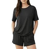 EPOPLAR Womens Pajama Sets Cooling Viscose Made from Bamboo: Short Sleeve Top and Shorts, Soft Sleepwear Loungewear Summer(M, Black)