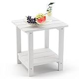 LUE BONA Adirondack Outdoor Side Table, 2-Tier White HDPS Patio End Table Weather Resistant, Morden Side Table for Patio, Pool, Porch