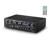 Donner Bluetooth 5.0 Stereo Audio Amplifier Receiver, 4 Channel 440W Peak Power Home Theater Stereo Receiver with USB, SD, FM, 2 Mic in Echo, RCA, LED, Speaker Selector for Studio, Home - MAMP5