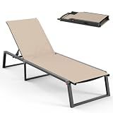 Oasbira Aluminum Chaise Lounge Chair Outdoor, Foldable& No Assembly Patio Pool Lounge Chairs 5-Position Recliner for Outside, Fully Grounded Legs Sun Lounger for Poolside, Khaki