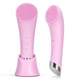 PRITECH Facial Cleansing Brush, Rechargeable Silicone Face Scrubber with Heat Massage End, Vibrating Exfoliator Scrubber for Deep Cleaning, Waterproof Face Brush for Women and Men (Pink)