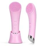 PRITECH Facial Cleansing Brush, Rechargeable Silicone Face Scrubber with Heat Massage End, Vibrating Exfoliator Scrubber for Deep Cleaning, Waterproof Face Brush for Women and Men (Pink)