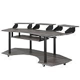 Acme 83" Inch Music Recording Studio Computer Gaming Desk with Wood Storage Keyboard Tray, Wing Shaped & 3 Stands Tray & Botton Shelf Metal Frame, Casters Included, Easy Assembly, Black Oak Finish