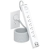 Extension Cord 10 ft - Long Power Strip Surge Protector, 6 AC Outlet 4 USB (2 USB C), Flat Plug, Wall Mount, Multi Plug Outlet Extender Desk Charging Station for Home Office Dorm Room Essentials