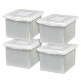 IRIS USA File Box, Plastic File Organizer with Lids for Letter/Legal File, Portable Document Box For Moving, Storage Bin with Durable and Secure Lid, Stackable Nestable BPA-Free, Pearl 35 Qt. 4 Pack