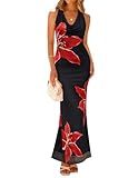 ZESICA Women's 2026 Summer Halter Neck Floral Print Maxi Dress Sleeveless Backless Wedding Guest Party Bodycon Long Dresses,Black,Medium