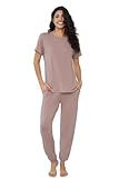 Joyaria Plus Bamboo Viscose Pajama for Women Cooling Breathable Soft Sleepwear Short Sleeve Lounge Jogger Set for Night Sweats(Blushing Pink,XXL)