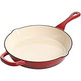 Crock-Pot 10 Inch Enameled Cast Iron Skillet with Handles - Ideal for Searing, Roasting, Frying - Even Heat Distribution, Pour Spouts - Oven-Safe & Stovetop Safe (Red)