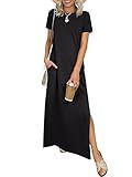 ANRABESS Womens Summer Casual Maxi Dress Short Sleeve Crewneck Split Wrinkle-Free Travel Long Sundress Beach Vacation Clothes Black X-Large
