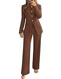 ZESICA Women's 2025 Fall Two Piece Suits Set Casual Business Long Sleeve Blazer Jacket Wide Leg Pants Work Outfits Sets,Brown,Medium