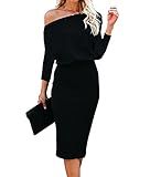 Ezbelle Off The Shoulder Dresses for Women Batwing 3/4 Sleeve HIPS Wrap Bodycon Dress Elegant Party Loose Clubwear Black Medium