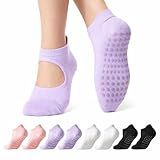 CoolMate Pilates Socks with Grips for Women, Yoga Socks, Crew Non Slip Women for Barre, Pilates Gifts (US, Numeric, 6, 10, Regular, Regular, A-01. 4 Pairs Open Top Pink/White/Light Purple/Black)