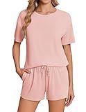 Ekouaer Pajama Set for Women Viscose from Bamboo Short Sleeve Tops and Shorts Set 2 Piece Lounge Set Pink