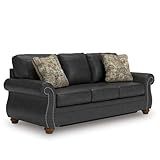 Signature Design by Ashley Chatterton Rustic Faux Leather Queen Sofa Sleeper with Bi-Fold Memory Foam Mattress, Nailhead Trim and 2 Throw Pillows, Queen, Black