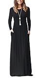 GRECERELLE Women Long Sleeve Casual Round Neck Loose Maxi Long Dress with Pockets, Black, M