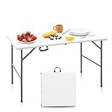 Outspurge 4ft Portable Folding Table, Indoor Outdoor Plastic Dining Table w/Handle, Fold-in-Half Utility Foldable Table for Camping, Picnic and Party, White