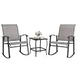 Shintenchi 3 Piece Rocking Bistro Set, Outdoor Furniture with Rocker Chairs and Glass Coffee Table Balcony, Porch Furniture for Small Space, Gray
