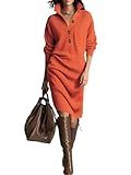 chouyatou Women's Fall Ribbed Knit Sweater Dresses Button Up Polo Collar Long Sleeve Knitted Midi Long Dress (X-Large, Orange)