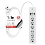 GE Surge Protector Power Strip, 10 Ft Extension Cord, 6 Outlet Extender, 800 Joules, Flat Plug, Twist-to-Close Safety Covers, ETL Listed, White, 14092