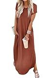 Women's Summer Casual Loose Short Sleeve Long T Shirt Dress Split Maxi Beach Sundress 2025 Travel Vacation Outfits