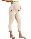 G4Free Maternity Leggings with Pockets Yoga Tight Fit Over The Bump Pregnancy Workout Crop Capri Pants Athletic(Light Khaki,M)