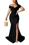 Women Sexy Off Shoulder Elegant V Neck Short Sleeve Wrap Formal Evening Gowns High Split Mermaid Party Cocktail Dress Black