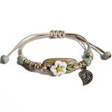 Zlanderah Handcrafted Bohemian Ceramic Flower Bracelet with Leaf Charm