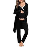 SWOMOG Maternity Nursing Robe Set 3 Piece Breastfeeding Pajamas 3 in 1 Labor Delivery Sleevless Tops&Long Pants Pregnancy Pjs Black