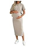SHENHE Women's Maternity Ribbed 2 Piece Outfits Short Sleeve Crop Top Bodycon Slit Midi Skirt Set Apricot Large