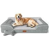 CWAWZ Extra Large Dog Bed, Orthopedic Dog Bed with Cooling Gel Memory Foam, Waterproof XL Pet Bed with Removable Washable Cover, 42" Pet Sofa Couch Dutch Velvet with Bone Toy, Light Gray