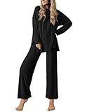 Ekouaer Lounge Sets for Women Long Sleeve Pajamas Fall Loungewear Soft Comfy Pjs Two Piece Travel Outfits Set,Black,M