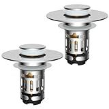Hibbent 2 Pack 3 in 1 Bathroom Sink Drain Strainer, Universal Pop Up Stopper with Removable Stainless Steel Filter Basket Hair Catcher, Sink Plug for 1.1''~2.36'' Basin, Brass Bullet Core, Chrome