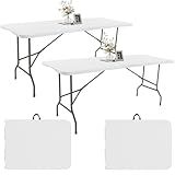 2 Pack 6 FT Folding Tables White Foldable Table, Fold-in-Half with Carrying Handle Portable Plastic Rectangular Table for Party, Dining, Wedding, Camping, Picnic, Indoor Outdoor Events