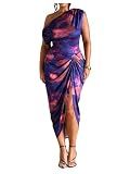 Floerns Women's Plus Size Asymmetrical Neck Ruched Slit Hem Cocktail Dress