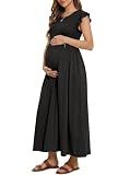 OUGES Maternity Dress for Baby Shower Photoshoot Casual Ruffle Sleeve Summer Maxi Dresses with Pockets(Black,L)